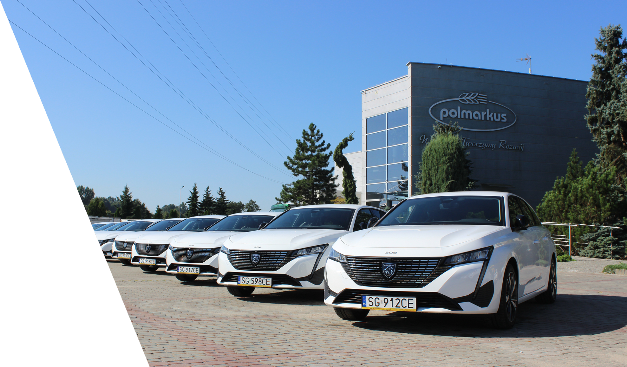 Rząd samochodów zaparkowanych przed budynkiem firmy Polmarkus